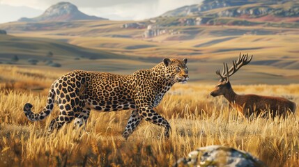The leopard pounced on the deer. Among the savanna grasslands and mountains.