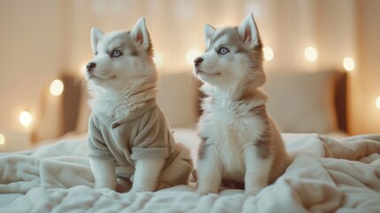 Two cute blue-eyed, white-furred Siberian puppies wearing pajamas. Sit on the bed and watch TV in soft, warm light in high definition photography.