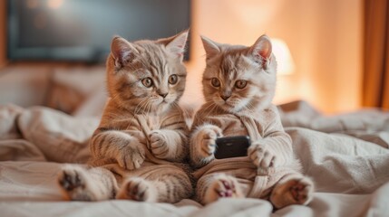 Two cute kittens wearing pajamas and holding a phone in their paws.