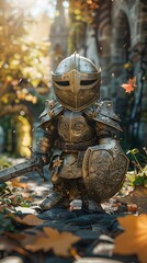 Standing amidst autumn leaves, a charmingly detailed toy figurine of a fantasy warrior, adorned in armor, evokes the essence of epic quests and adventurous tales.