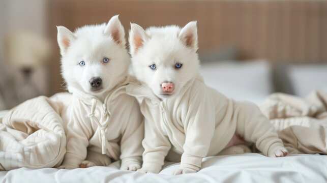 Two cute blue-eyed, white-furred Siberian puppies wearing pajamas. Sit on the bed and watch TV in soft, warm light in high definition photography.