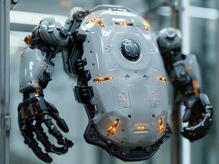 Fototapeta premium A close-up view of sophisticated robotic arms with illuminated details, part of cutting-edge machinery in a technology lab.