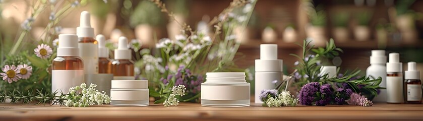 Fototapeta na wymiar The beauty of nature and wellness is captured with organic skincare bottles and creams set among an array of blooming botanicals on a rustic wooden table.