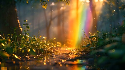 A dazzling rainbow emerges in a forest clearing, its colors reflected on the wet undergrowth and surrounded by the sparkle of raindrops.