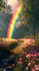 Meandering through the forest, a captivating path is bathed in the soft glow of fireflies, while a rainbow arches overhead, crafting a whimsical and enchanted scene.