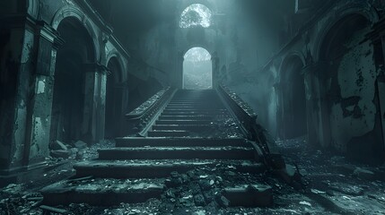 The remnants of grandeur, a hauntingly desolate staircase in ruins, stand silent within an abandoned, crumbling edifice. - obrazy, fototapety, plakaty