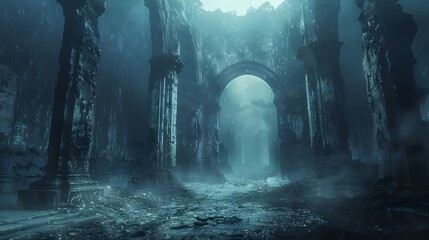 Moonlight seeps through the remnants of a once-majestic cathedral, now standing in ruins, shrouded in a misty, ethereal glow.