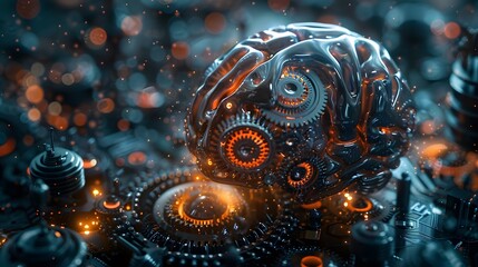 An advanced cybernetic brain teeming with internal gears amidst a glowing circuitry background, depicting a fusion of biology and technology. - obrazy, fototapety, plakaty