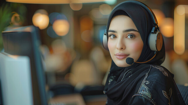 Arab woman in hijab working in call center. Muslim business woman with headset working in office. Happy arab woman working in company service center wearing headphone helping solving client problem