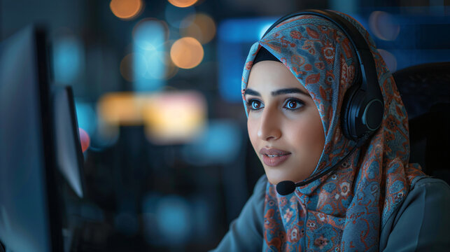 Arab woman in hijab working in call center. Muslim business woman with headset working in office. Happy arab woman working in company service center wearing headphone helping solving client problem