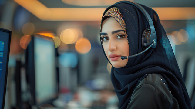 Arab woman in hijab working in call center. Muslim business woman with headset working in office. Happy arab woman working in company service center wearing headphone helping solving client problem