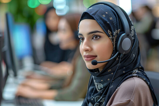 Arab woman in hijab working in call center. Muslim business woman with headset working in office. Happy arab woman working in company service center wearing headphone helping solving client problem