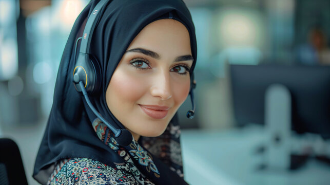Arab woman in hijab working in call center. Muslim business woman with headset working in office. Happy arab woman working in company service center wearing headphone helping solving client problem - Powered by Adobe