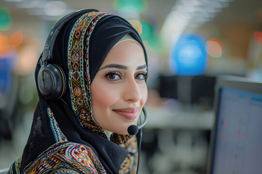 Arab woman in hijab working in call center. Muslim business woman with headset working in office. Happy arab woman working in company service center wearing headphone helping solving client problem