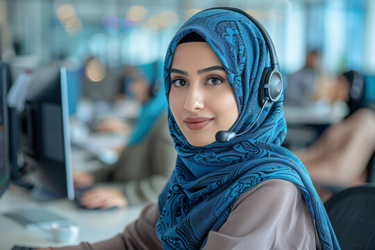 Arab woman in hijab working in call center. Muslim business woman with headset working in office. Happy arab woman working in company service center wearing headphone helping solving client problem