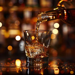 Clore-shot of Rum is being poured on a glass. Blurred background. In the style of bartender luxury.