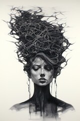 Portrait of a woman with tendrils of sadness and depression on head - obrazy, fototapety, plakaty