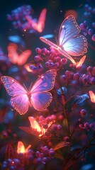 Magical scene of glowing butterflies alighted on night-time blooms, with radiant colors casting a dreamlike atmosphere. - obrazy, fototapety, plakaty