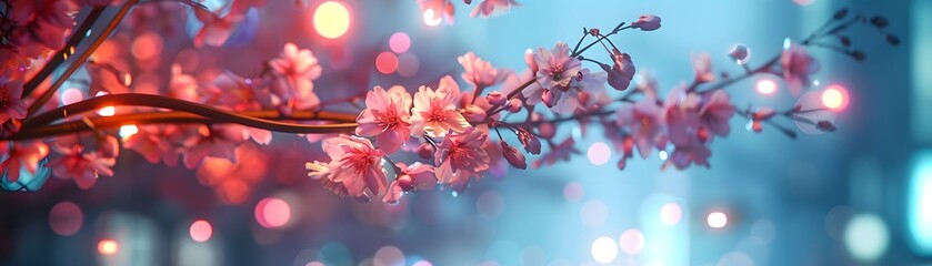 Amidst the captivating urban bokeh, delicate cherry blossoms bring a touch of natural serenity, juxtaposing the lively energy of the city with timeless floral beauty. - obrazy, fototapety, plakaty