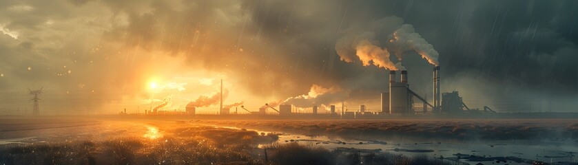 The dying light of the sun competes with the rising smoke of industrial giants, casting a dramatic scene over a stark, rain-swept landscape. - obrazy, fototapety, plakaty
