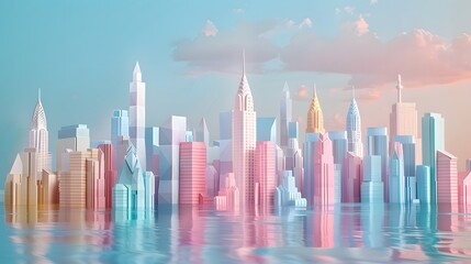 The soft hues of sunrise paint a pastel-colored city skyline, mirrored beautifully on the water's surface, creating a peaceful urban dawn.