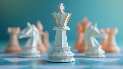 Selective focus captures the regal presence of a white-colored origami king among pastel geometric chess pieces, all set against a blurred game board.