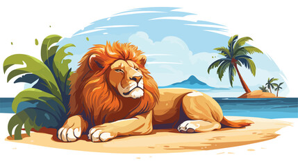 Lion sunbathing on the beach cute animal cartoon ch