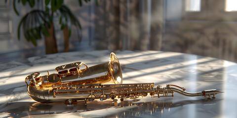 Close up of alto saxophone in open case on table and living room with modern design luxurious furniture in the background Shiny golden alto saxophone   - obrazy, fototapety, plakaty
