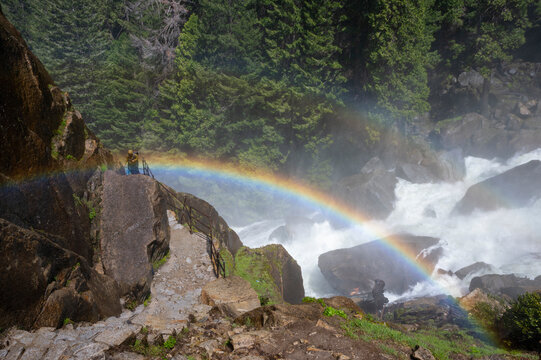 most famous Vernal Fall, Mist Trail with rainbow. Yosemite National Park, California 