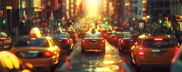 Car traffic is seen during sunset and evening rush hour, featuring minimalist designs and hyper-detailed sculptures. - obrazy, fototapety, plakaty