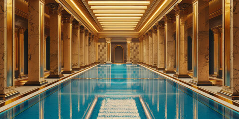 A blue pool is situated along a hallway with shiny gold walls, in a composition reminiscent of neoclassical architecture. - obrazy, fototapety, plakaty