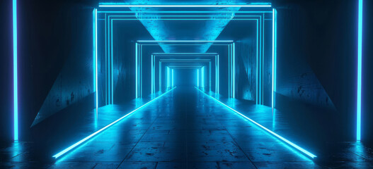 Geometric corridors lead into a black background illuminated by blue lights, creating a surrealistic urban scene.