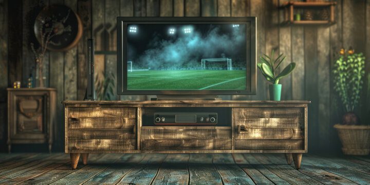 Soccer on a TV with a wooden stand, featuring vintage imagery and a dreamlike atmosphere.