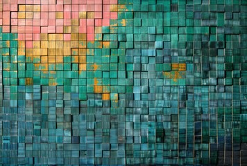 Fototapeta premium Tiles are made of green and blue wood and a gold tone, creating a color field abstraction and chromatic landscapes with aquamarine hues.