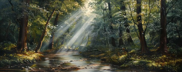 A forest scene showcases a sunshine beam and dark trees, creating romantic riverscapes with light green and bronze hues and faith-inspired art.