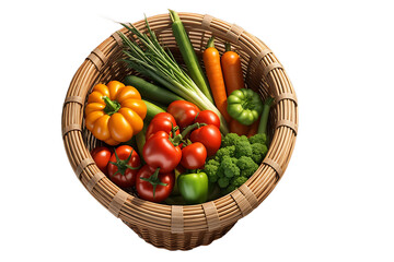 Assorted organic vegetables and fruits in wicker basket isolated on white background. png