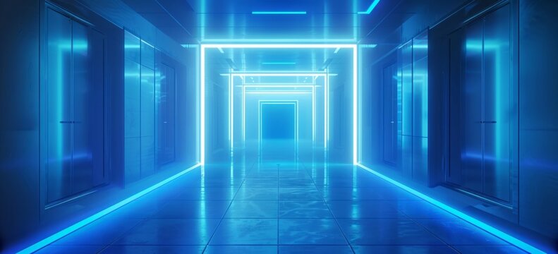 Blue light animation is seen in a room, creating surreal 3D landscapes with cyberpunk futurism.