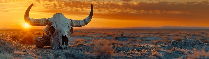 Evocative imagery of a skull bull in the desert at sunset, contemplating the themes of life's end, close-up - obrazy, fototapety, plakaty