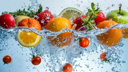 Fresh fruits and vegetables making a splash into clear blue water, isolated on a white background, depicting freshness and vitality,  Prime Lenses
