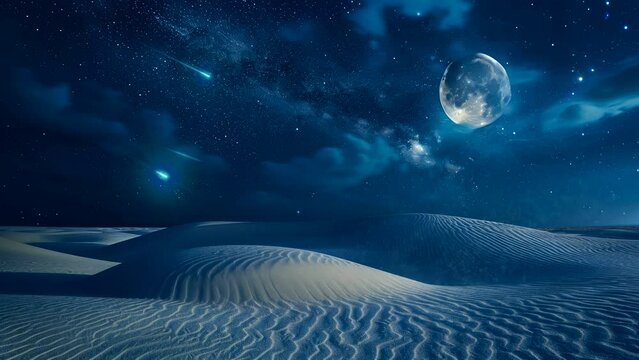 sand dune desert at night with star fall, amazing beautiful view landscape video background looping 4k quality