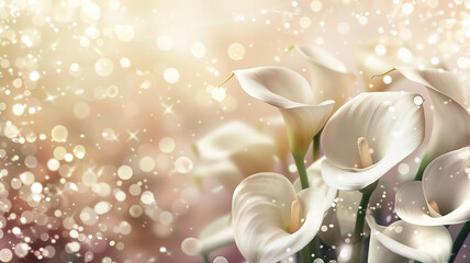 Calla lily flowers with glitter bokeh background. Copy space.