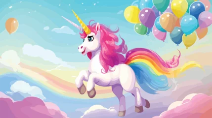 Tuinposter Lovely unicorn flying with colorful balloons cute f © Hyper