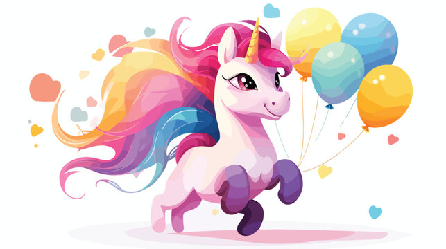 Lovely unicorn flying with colorful balloons cute f