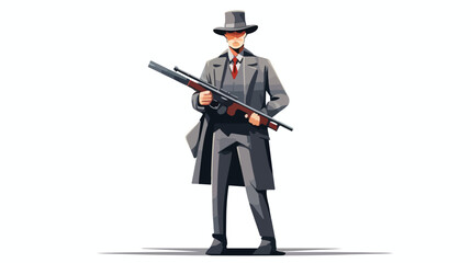 Mafia man character in gray coat and fedora hat hol - obrazy, fototapety, plakaty