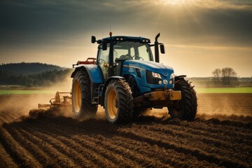 farmer with tractor preparing land for planting plants, agriculture, farming and harvesting concept