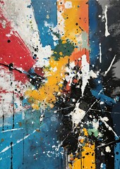 A chaotic, abstract canvas of splattered paint and grunge distressed textures. Contemporary painting. Modern poster for wall decoration