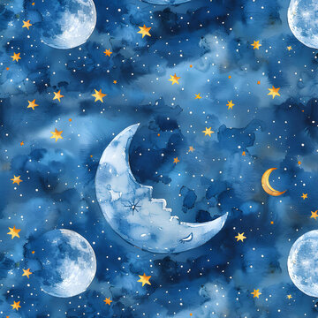 Watercolor seamless pattern - moon and stars. Ideas for a children's room. Good night. Baby shower party elements