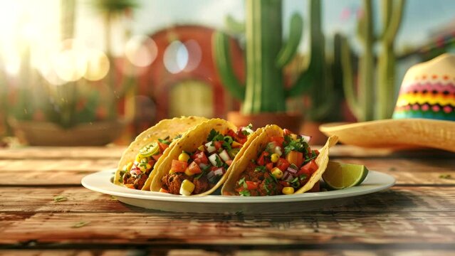 tacos food on plate on Cinco de Mayo festive video stock looping background stock 