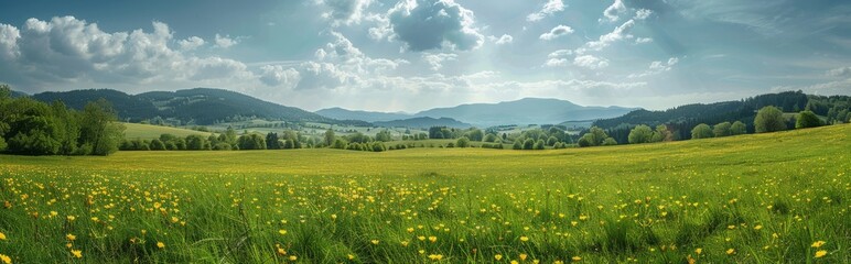 Beautiful spring landscape with meadow flowers and daisies in the grass. Natural summer panorama.