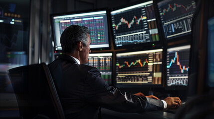 Businessman Analyzing Financial Markets on Multiple Computer Screens